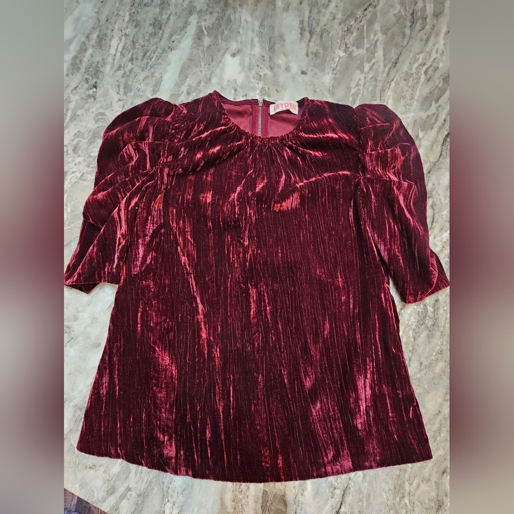 Burgundy Crushed Velvet Puff Sleeve Top LEYDEN Holiday Party Glam Retro Vintage